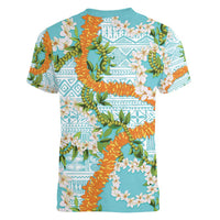 Aloha Festive Hawaii Women V-Neck T-Shirt Mokihana - Maile and Ilima on Turquoise LT7 - Polynesian Pride