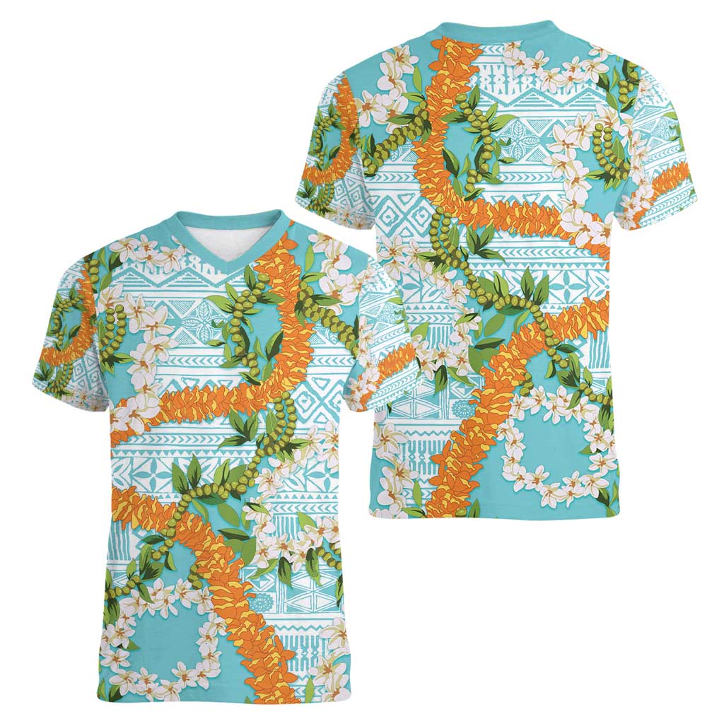 Aloha Festive Hawaii Women V-Neck T-Shirt Mokihana - Maile and Ilima on Turquoise LT7 - Polynesian Pride