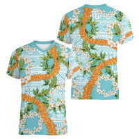 Aloha Festive Hawaii Women V-Neck T-Shirt Mokihana - Maile and Ilima on Turquoise LT7 - Polynesian Pride