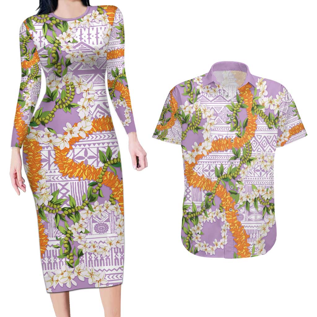 Aloha Festive Hawaii Couples Matching Long Sleeve Bodycon Dress and Hawaiian Shirt Mokihana - Maile and Ilima on Lilac LT7 Lilac - Polynesian Pride