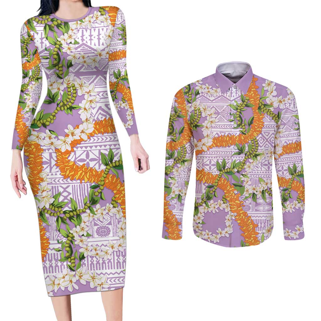 Aloha Festive Hawaii Couples Matching Long Sleeve Bodycon Dress and Long Sleeve Button Shirt Mokihana - Maile and Ilima on Lilac LT7 Lilac - Polynesian Pride