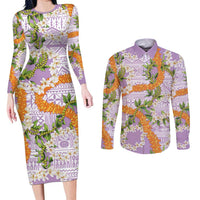 Aloha Festive Hawaii Couples Matching Long Sleeve Bodycon Dress and Long Sleeve Button Shirt Mokihana - Maile and Ilima on Lilac LT7 Lilac - Polynesian Pride