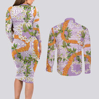 Aloha Festive Hawaii Couples Matching Long Sleeve Bodycon Dress and Long Sleeve Button Shirt Mokihana - Maile and Ilima on Lilac LT7 - Polynesian Pride