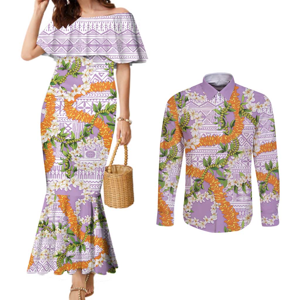 Aloha Festive Hawaii Couples Matching Mermaid Dress and Long Sleeve Button Shirt Mokihana - Maile and Ilima on Lilac LT7 Lilac - Polynesian Pride