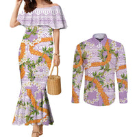 Aloha Festive Hawaii Couples Matching Mermaid Dress and Long Sleeve Button Shirt Mokihana - Maile and Ilima on Lilac LT7 Lilac - Polynesian Pride