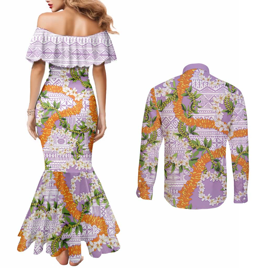 Aloha Festive Hawaii Couples Matching Mermaid Dress and Long Sleeve Button Shirt Mokihana - Maile and Ilima on Lilac LT7 - Polynesian Pride