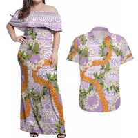 Aloha Festive Hawaii Couples Matching Off Shoulder Maxi Dress and Hawaiian Shirt Mokihana - Maile and Ilima on Lilac LT7 Lilac - Polynesian Pride