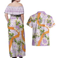 Aloha Festive Hawaii Couples Matching Off Shoulder Maxi Dress and Hawaiian Shirt Mokihana - Maile and Ilima on Lilac LT7 - Polynesian Pride