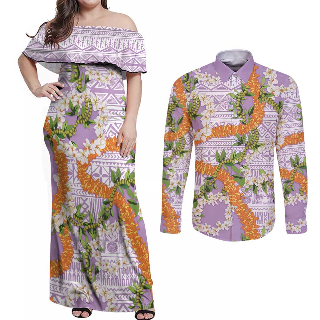 Aloha Festive Hawaii Couples Matching Off Shoulder Maxi Dress and Long Sleeve Button Shirt Mokihana - Maile and Ilima on Lilac LT7 Lilac - Polynesian Pride