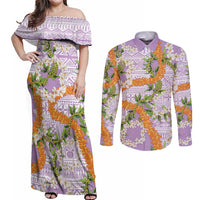 Aloha Festive Hawaii Couples Matching Off Shoulder Maxi Dress and Long Sleeve Button Shirt Mokihana - Maile and Ilima on Lilac LT7 Lilac - Polynesian Pride