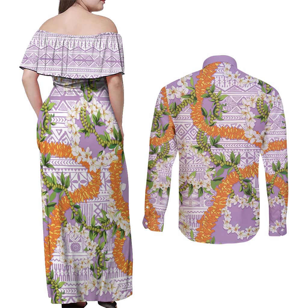 Aloha Festive Hawaii Couples Matching Off Shoulder Maxi Dress and Long Sleeve Button Shirt Mokihana - Maile and Ilima on Lilac LT7 - Polynesian Pride