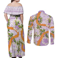 Aloha Festive Hawaii Couples Matching Off Shoulder Maxi Dress and Long Sleeve Button Shirt Mokihana - Maile and Ilima on Lilac LT7 - Polynesian Pride