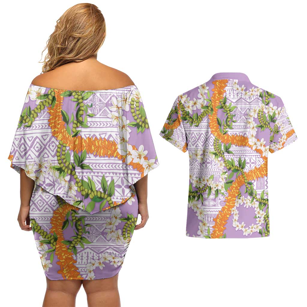Aloha Festive Hawaii Couples Matching Off Shoulder Short Dress and Hawaiian Shirt Mokihana - Maile and Ilima on Lilac LT7 - Polynesian Pride