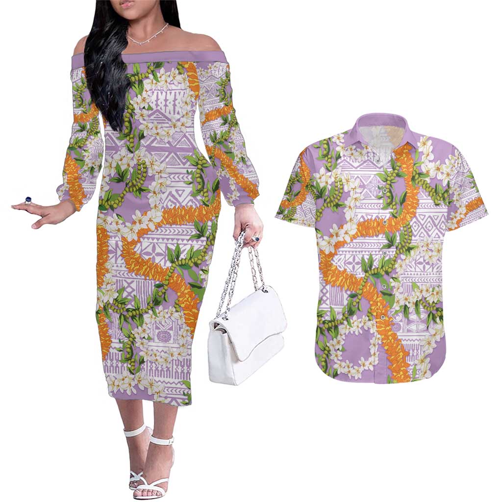Aloha Festive Hawaii Couples Matching Off The Shoulder Long Sleeve Dress and Hawaiian Shirt Mokihana - Maile and Ilima on Lilac LT7 Lilac - Polynesian Pride