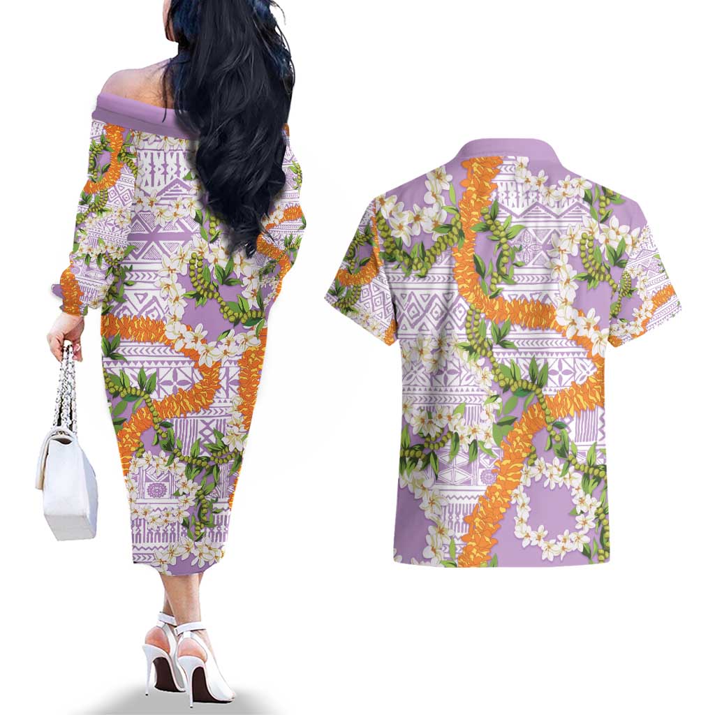 Aloha Festive Hawaii Couples Matching Off The Shoulder Long Sleeve Dress and Hawaiian Shirt Mokihana - Maile and Ilima on Lilac LT7 - Polynesian Pride