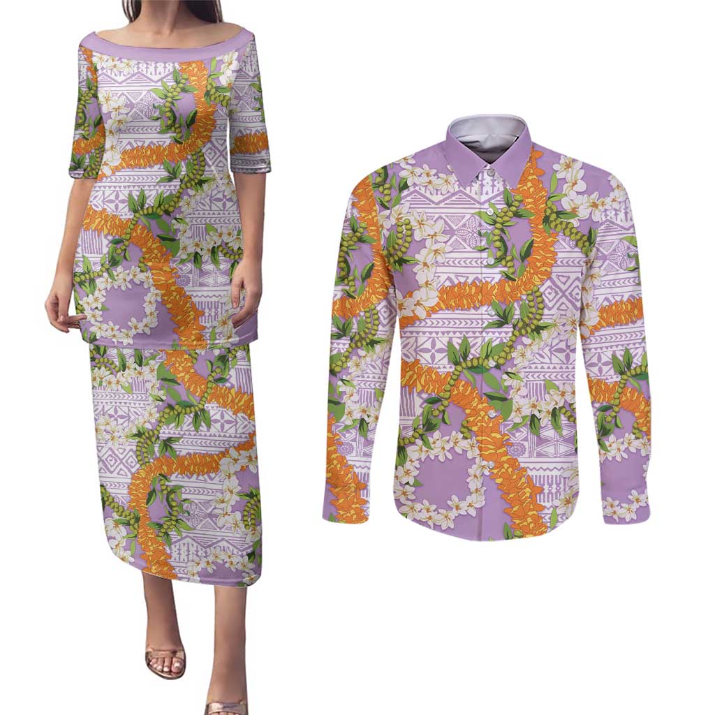 Aloha Festive Hawaii Couples Matching Puletasi and Long Sleeve Button Shirt Mokihana - Maile and Ilima on Lilac LT7 Lilac - Polynesian Pride