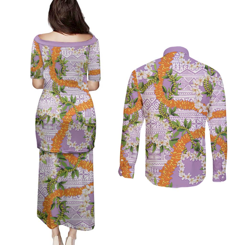 Aloha Festive Hawaii Couples Matching Puletasi and Long Sleeve Button Shirt Mokihana - Maile and Ilima on Lilac LT7 - Polynesian Pride