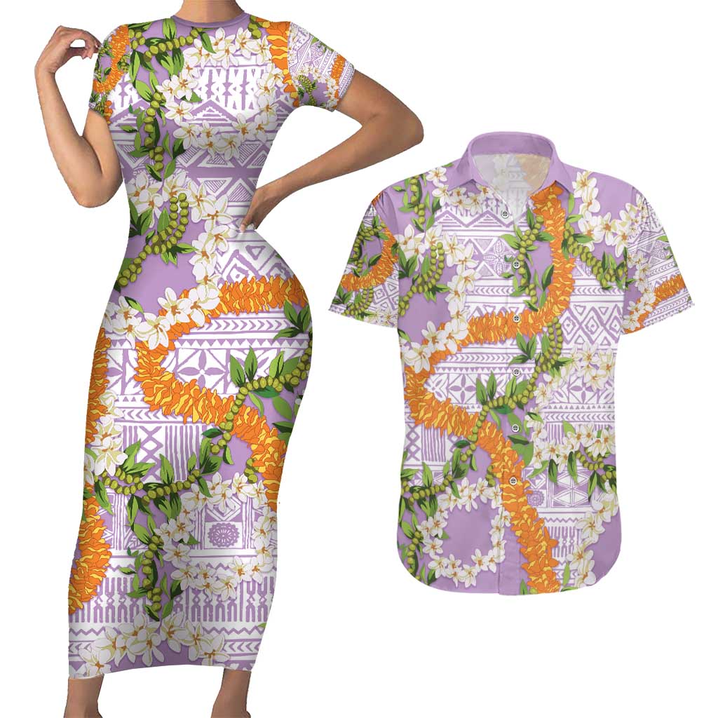 Aloha Festive Hawaii Couples Matching Short Sleeve Bodycon Dress and Hawaiian Shirt Mokihana - Maile and Ilima on Lilac LT7 Lilac - Polynesian Pride