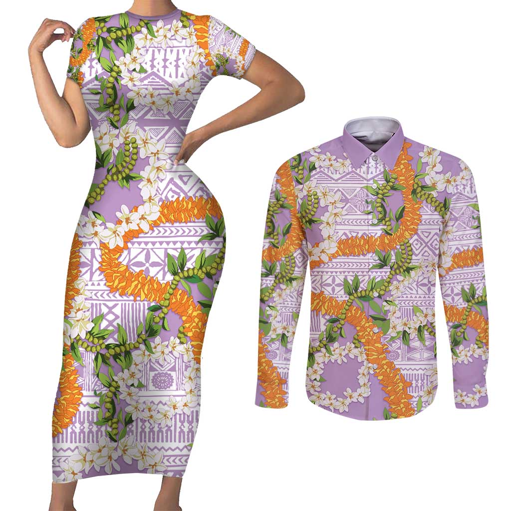Aloha Festive Hawaii Couples Matching Short Sleeve Bodycon Dress and Long Sleeve Button Shirt Mokihana - Maile and Ilima on Lilac LT7 Lilac - Polynesian Pride