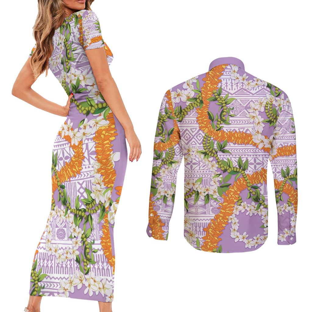 Aloha Festive Hawaii Couples Matching Short Sleeve Bodycon Dress and Long Sleeve Button Shirt Mokihana - Maile and Ilima on Lilac LT7 - Polynesian Pride