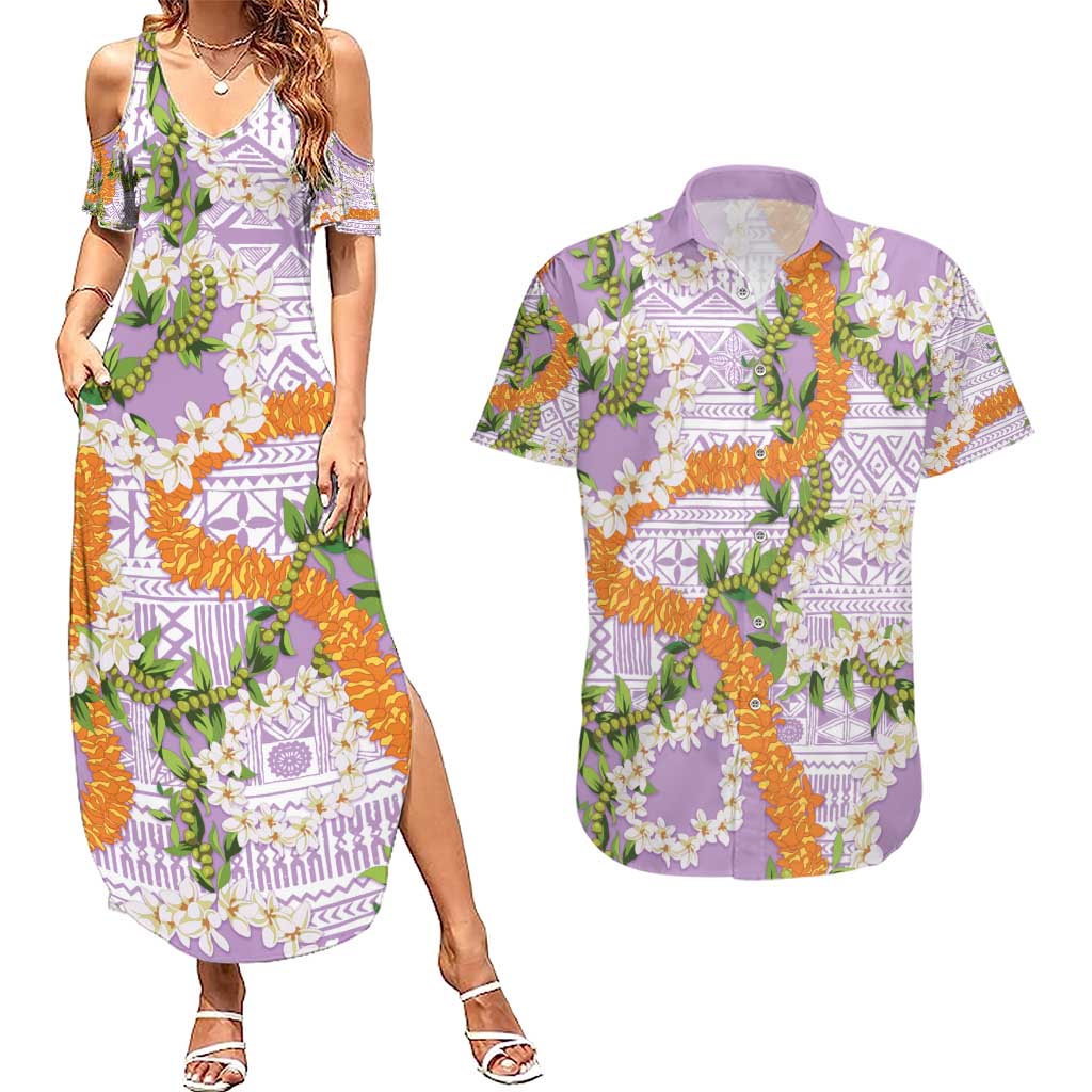 Aloha Festive Hawaii Couples Matching Summer Maxi Dress and Hawaiian Shirt Mokihana - Maile and Ilima on Lilac LT7 Lilac - Polynesian Pride