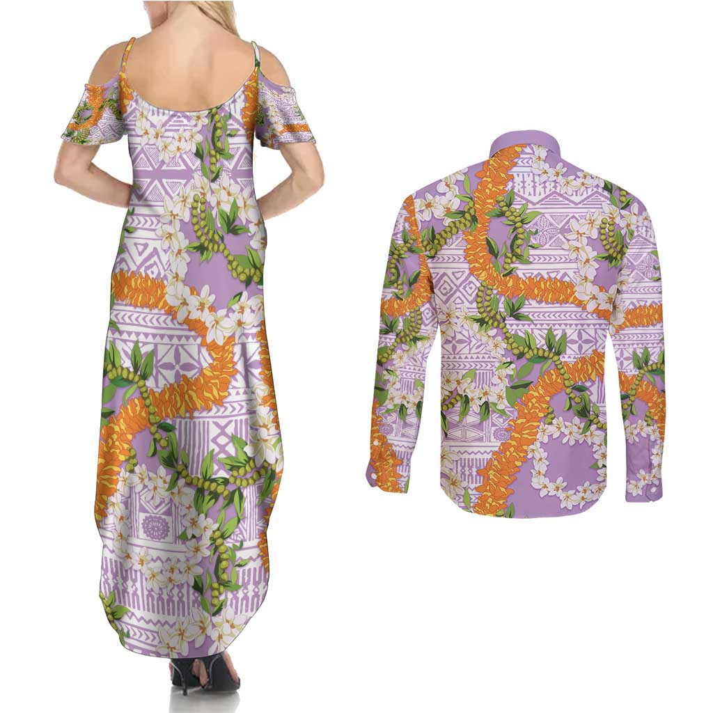 Aloha Festive Hawaii Couples Matching Summer Maxi Dress and Long Sleeve Button Shirt Mokihana - Maile and Ilima on Lilac LT7 - Polynesian Pride