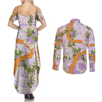Aloha Festive Hawaii Couples Matching Summer Maxi Dress and Long Sleeve Button Shirt Mokihana - Maile and Ilima on Lilac LT7 - Polynesian Pride