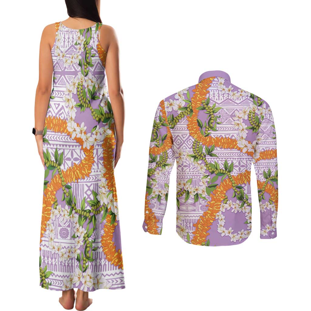 Aloha Festive Hawaii Couples Matching Tank Maxi Dress and Long Sleeve Button Shirt Mokihana - Maile and Ilima on Lilac LT7 - Polynesian Pride