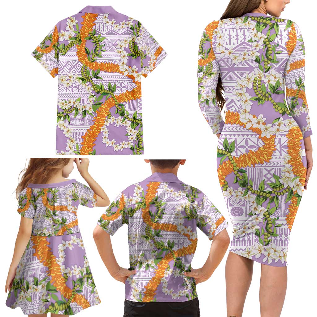 Aloha Festive Hawaii Family Matching Long Sleeve Bodycon Dress and Hawaiian Shirt Mokihana - Maile and Ilima on Lilac LT7 - Polynesian Pride