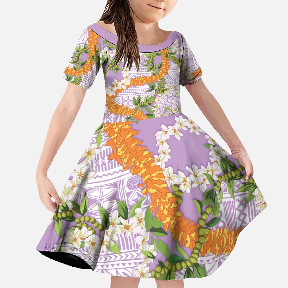 Aloha Festive Hawaii Family Matching Off The Shoulder Long Sleeve Dress and Hawaiian Shirt Mokihana - Maile and Ilima on Lilac LT7 Daughter's Dress Lilac - Polynesian Pride