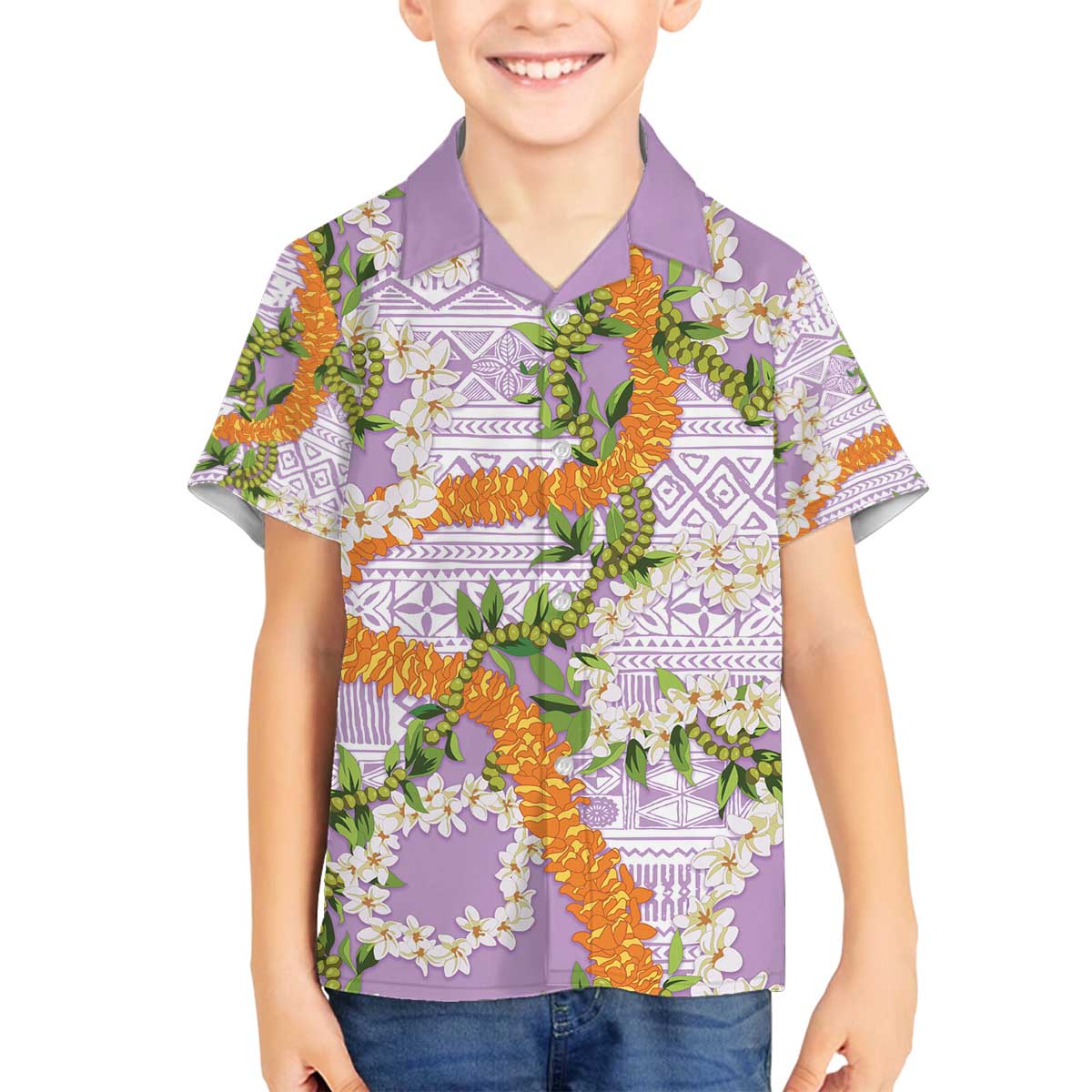 Aloha Festive Hawaii Family Matching Off The Shoulder Long Sleeve Dress and Hawaiian Shirt Mokihana - Maile and Ilima on Lilac LT7 Son's Shirt Lilac - Polynesian Pride