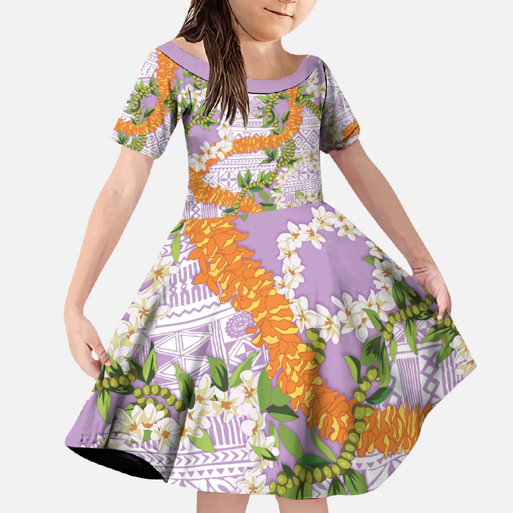 Aloha Festive Hawaii Family Matching Off Shoulder Maxi Dress and Hawaiian Shirt Mokihana - Maile and Ilima on Lilac LT7 Daughter's Dress Lilac - Polynesian Pride