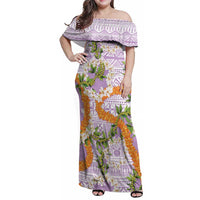 Aloha Festive Hawaii Family Matching Off Shoulder Maxi Dress and Hawaiian Shirt Mokihana - Maile and Ilima on Lilac LT7 Mom's Dress Lilac - Polynesian Pride