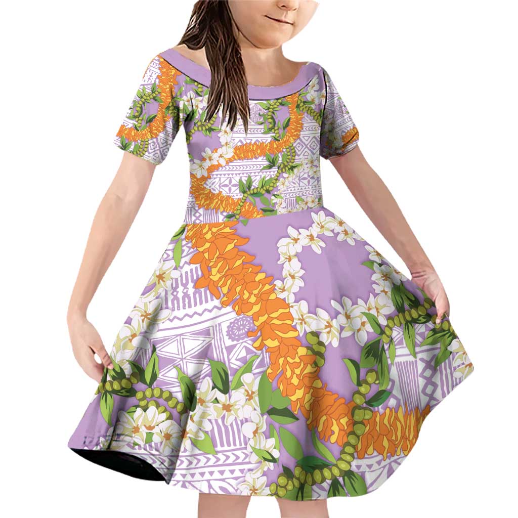 Aloha Festive Hawaii Family Matching Off Shoulder Short Dress and Hawaiian Shirt Mokihana - Maile and Ilima on Lilac LT7 Daughter's Dress Lilac - Polynesian Pride