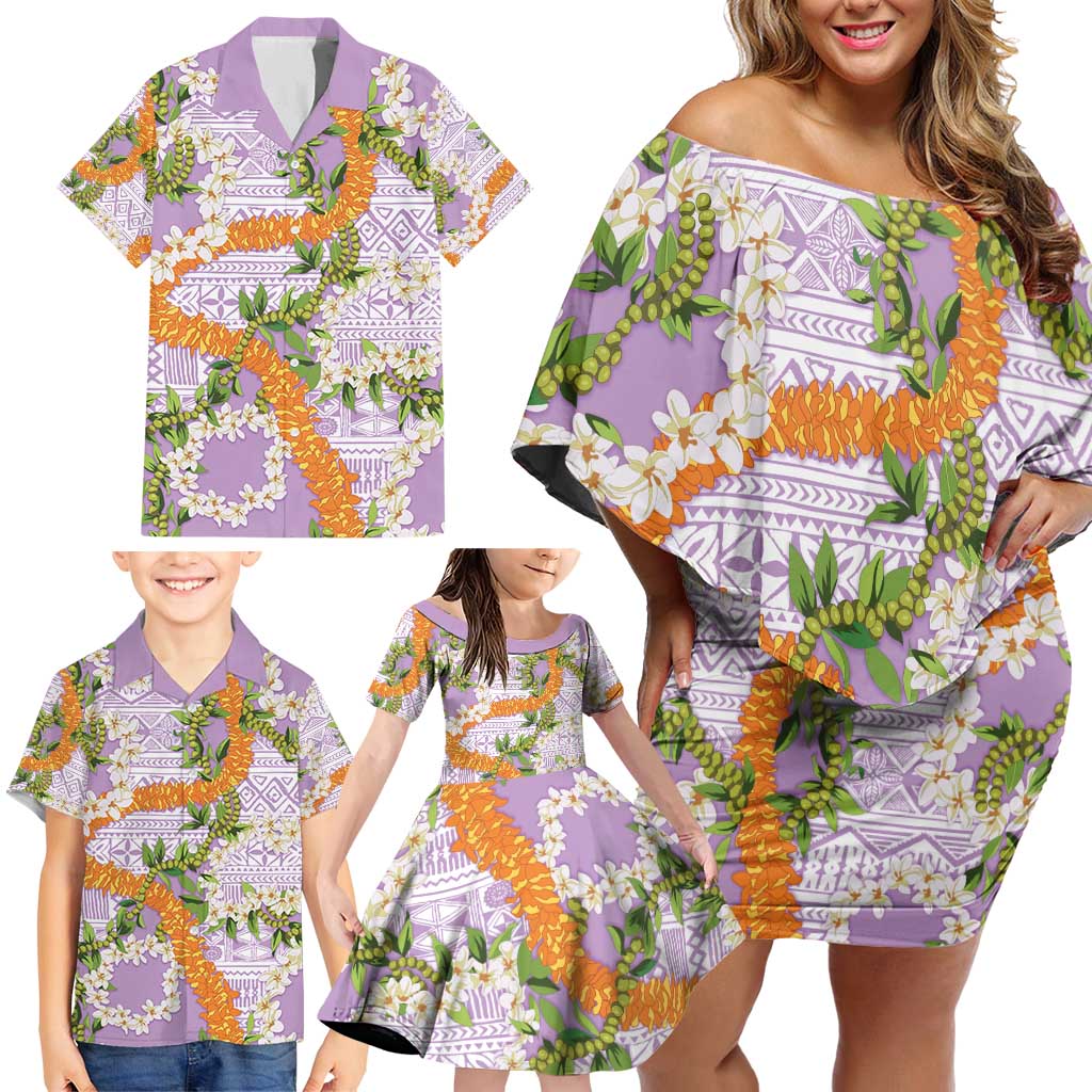 Aloha Festive Hawaii Family Matching Off Shoulder Short Dress and Hawaiian Shirt Mokihana - Maile and Ilima on Lilac LT7 - Polynesian Pride