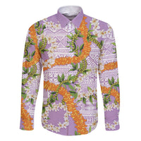 Aloha Festive Hawaii Family Matching Short Sleeve Bodycon Dress and Hawaiian Shirt Mokihana - Maile and Ilima on Lilac LT7 Dad's Shirt - Long Sleeve Lilac - Polynesian Pride