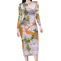 Aloha Festive Hawaii Long Sleeve Bodycon Dress Mokihana - Maile and Ilima on Lilac LT7 Long Dress Lilac - Polynesian Pride