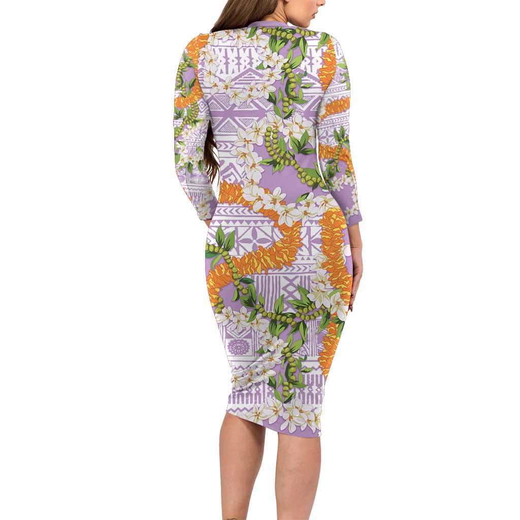 Aloha Festive Hawaii Long Sleeve Bodycon Dress Mokihana - Maile and Ilima on Lilac LT7 - Polynesian Pride