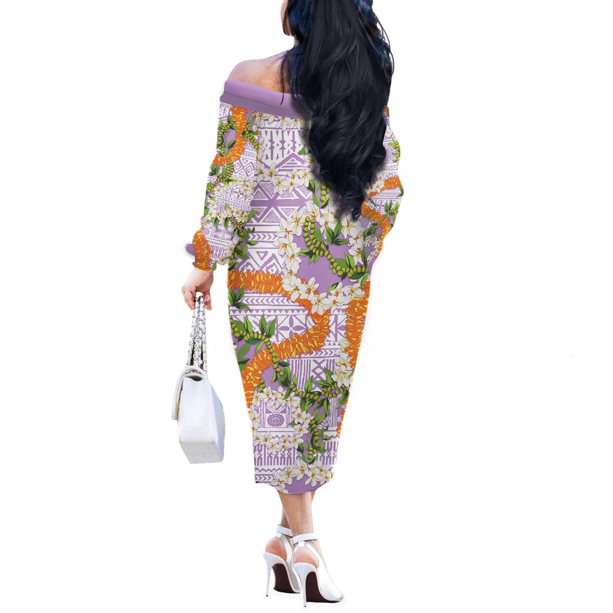 Aloha Festive Hawaii Off The Shoulder Long Sleeve Dress Mokihana - Maile and Ilima on Lilac LT7 - Polynesian Pride