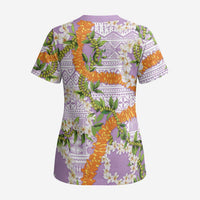 Aloha Festive Hawaii Scrub Top Mokihana - Maile and Ilima on Lilac - Polynesian Pride