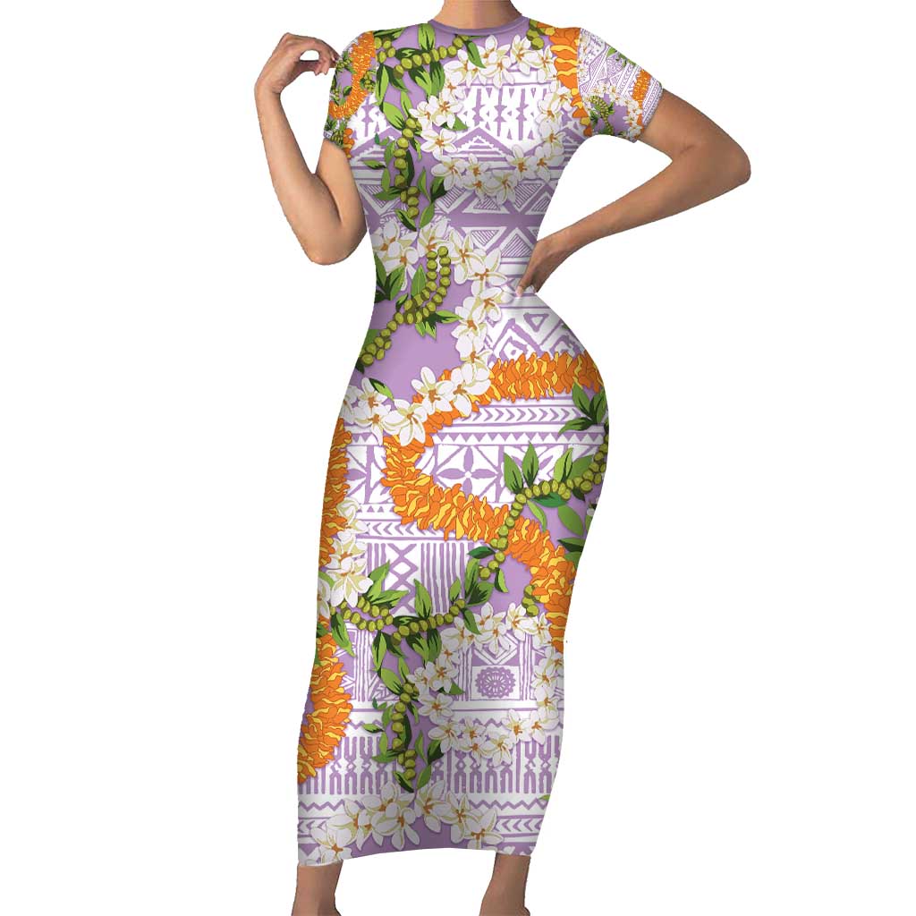 Aloha Festive Hawaii Short Sleeve Bodycon Dress Mokihana - Maile and Ilima on Lilac LT7 Long Dress Lilac - Polynesian Pride