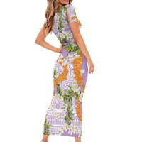 Aloha Festive Hawaii Short Sleeve Bodycon Dress Mokihana - Maile and Ilima on Lilac LT7 - Polynesian Pride