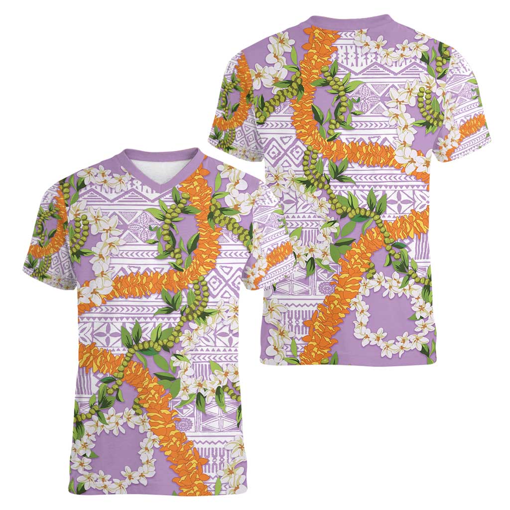 Aloha Festive Hawaii Women V-Neck T-Shirt Mokihana - Maile and Ilima on Lilac LT7 - Polynesian Pride