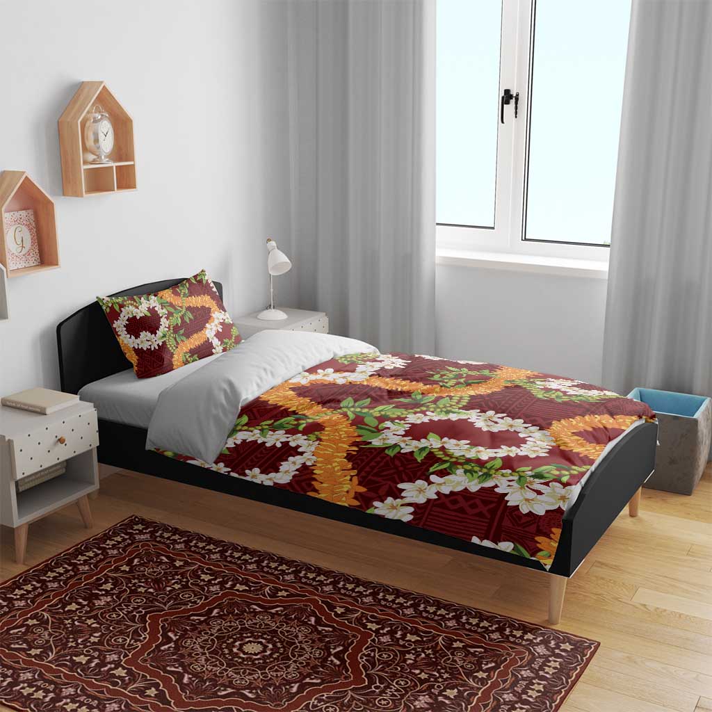 Aloha Festive Hawaii Bedding Set Mokihana - Maile and Ilima on Crimson - Polynesian Pride