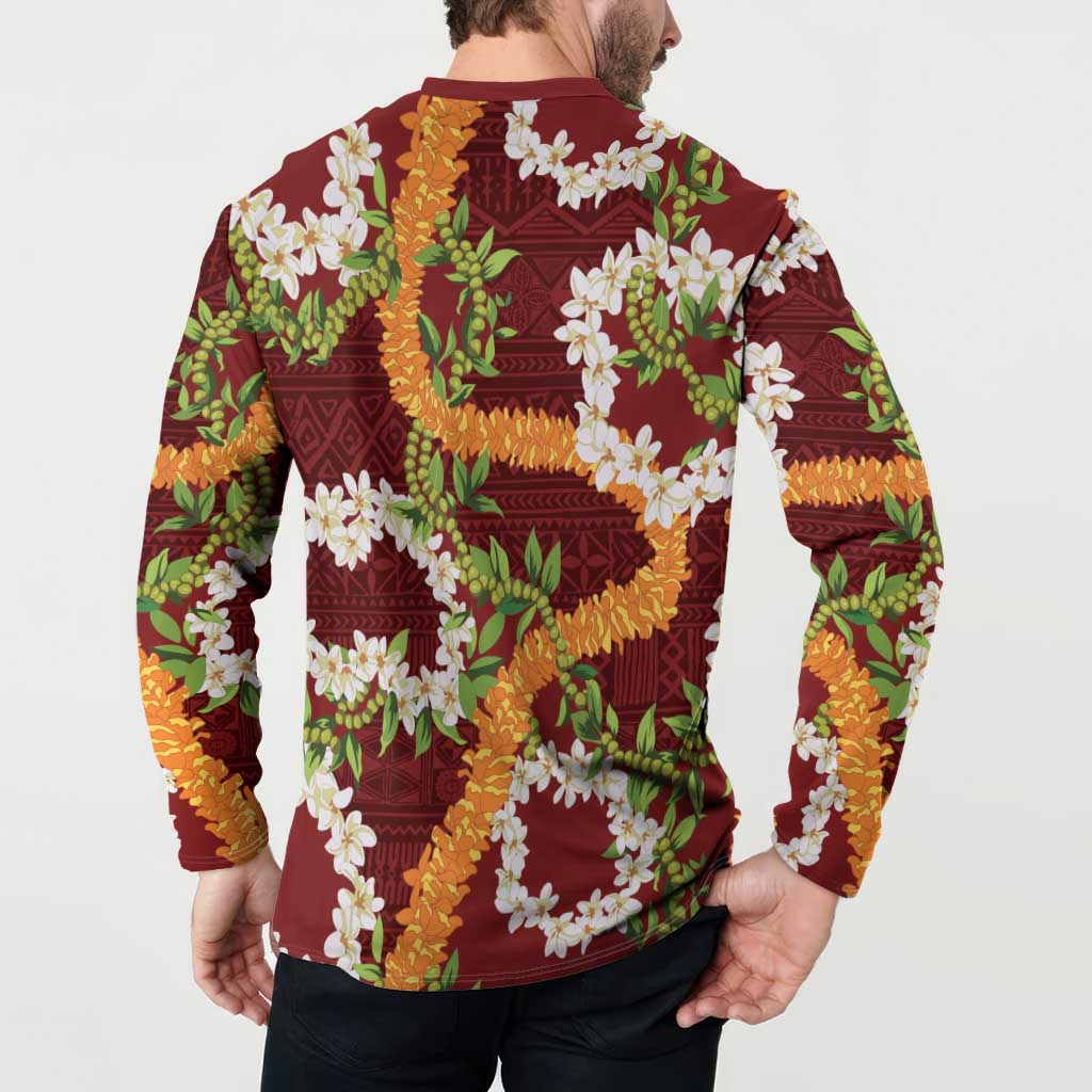 Aloha Festive Hawaii Button Sweatshirt Mokihana - Maile and Ilima on Crimson LT7 - Polynesian Pride