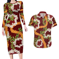 Aloha Festive Hawaii Couples Matching Long Sleeve Bodycon Dress and Hawaiian Shirt Mokihana - Maile and Ilima on Crimson LT7 Crimson - Polynesian Pride