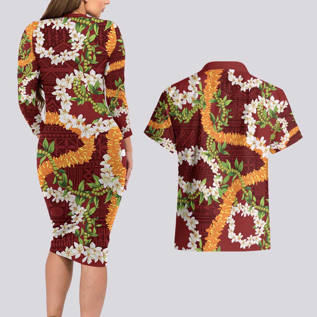 Aloha Festive Hawaii Couples Matching Long Sleeve Bodycon Dress and Hawaiian Shirt Mokihana - Maile and Ilima on Crimson LT7 - Polynesian Pride