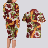 Aloha Festive Hawaii Couples Matching Long Sleeve Bodycon Dress and Hawaiian Shirt Mokihana - Maile and Ilima on Crimson LT7 - Polynesian Pride
