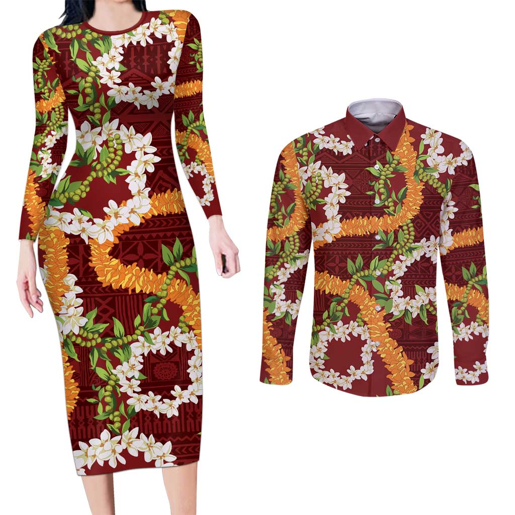 Aloha Festive Hawaii Couples Matching Long Sleeve Bodycon Dress and Long Sleeve Button Shirt Mokihana - Maile and Ilima on Crimson LT7 Crimson - Polynesian Pride