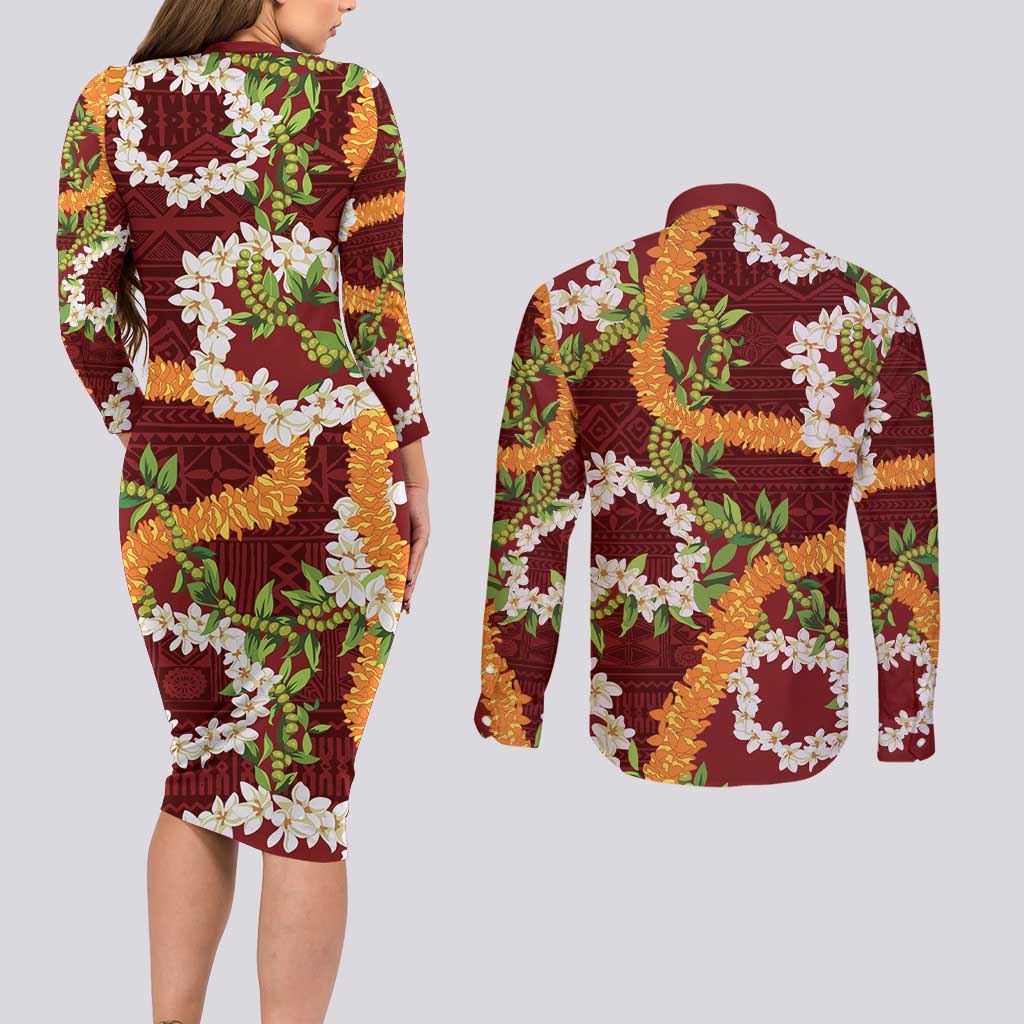 Aloha Festive Hawaii Couples Matching Long Sleeve Bodycon Dress and Long Sleeve Button Shirt Mokihana - Maile and Ilima on Crimson LT7 - Polynesian Pride
